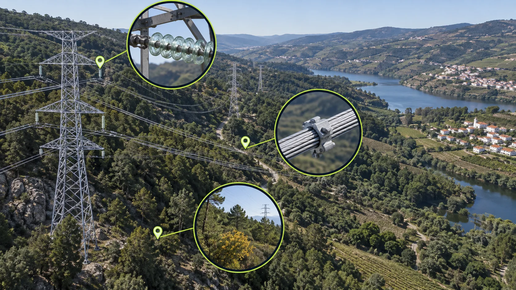 Exemplo demonstrativo de observação de uma linha elétrica com detalhes ampliados